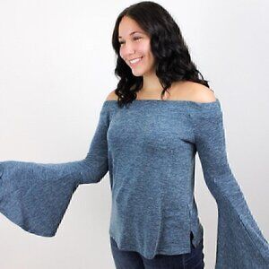 Off The Shoulder Bell Sleeve Top - Blue